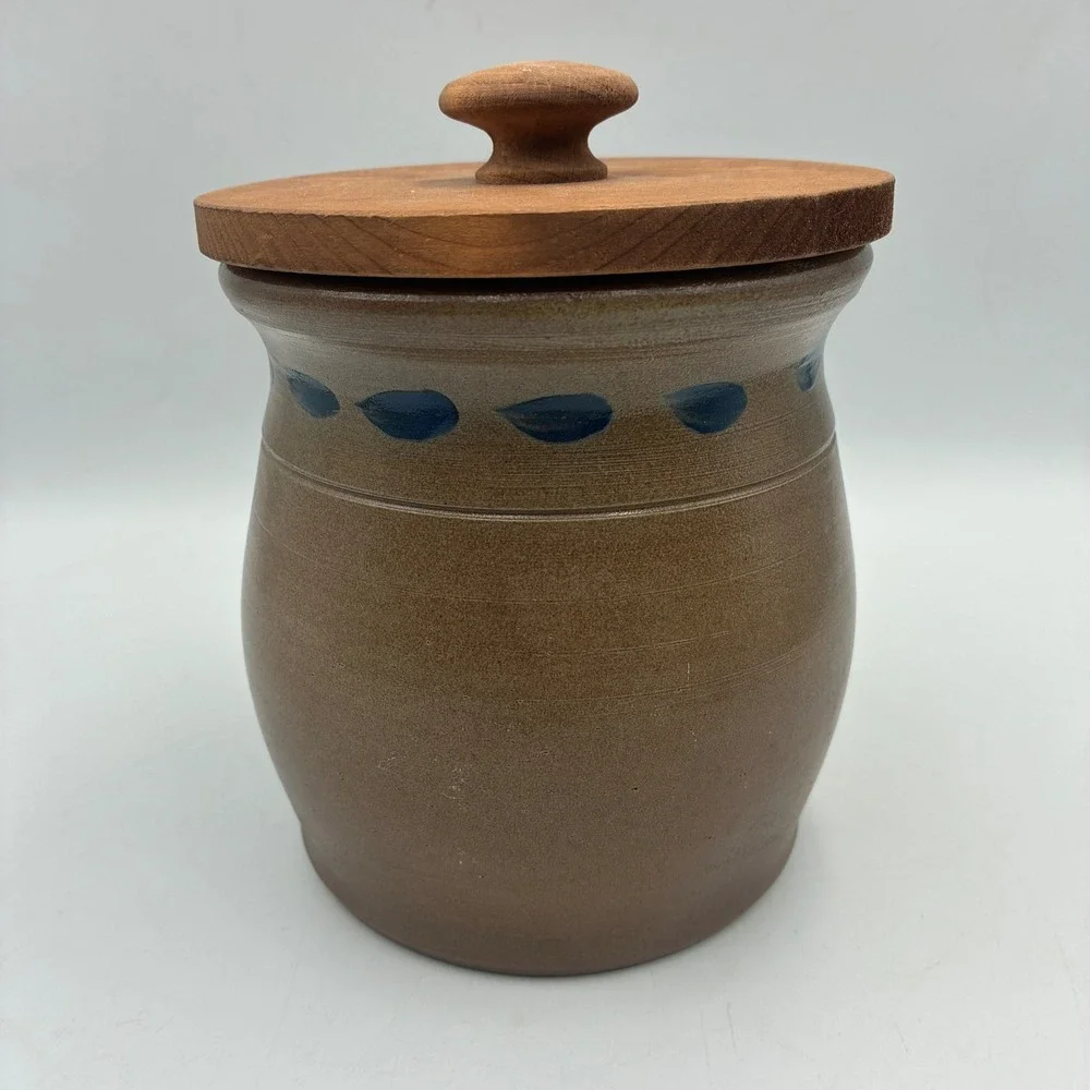 Eldreth Pottery Salt Glazed Stoneware Crock 1992 Wood Lid Blue Cobalt Leaf PA